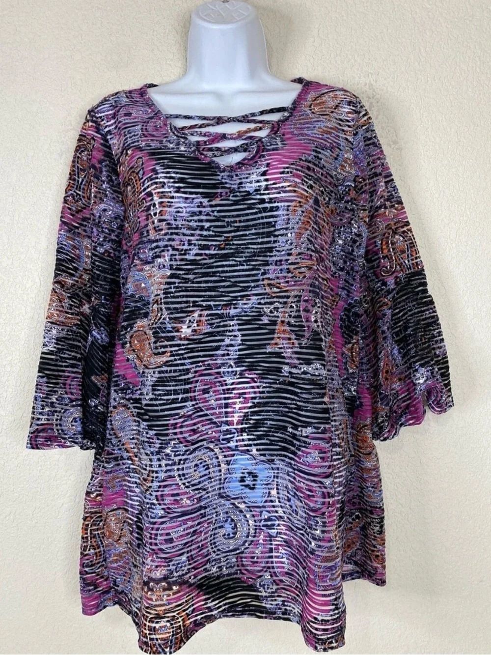 0108 new directions Black Multicolor Lace-Up Neck Tunic